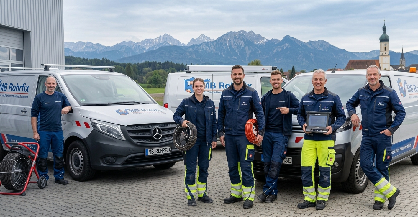 Das MB Rohrfix Team vor den Servicefahrzeugen
